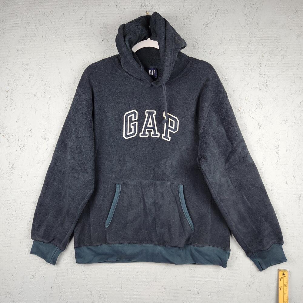 Vintage GAP Hoodie Mens Medium Blue Fleece Logo Kangaroo Pocket Pullover 90s Y2K